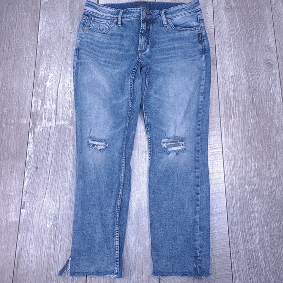 Silver Jeans Denim - Silver Jeans Avery Slim Ankle Women Size 30x27 Blue Distressed Raw Hem